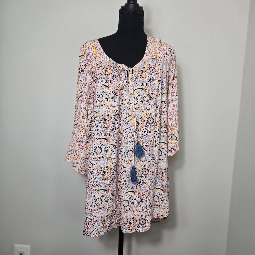 Billabong Paisley Shift Dress Womens Medium Cream Blue Boho Tassel Tie
